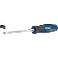 Draper 6mm bevel edge wood chisel with chrome blade and blue ergonomic handle, includes black blade cap.