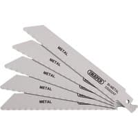 Draper bi-metal reciprocating saw blades, 150mm, 24tpi, pack of 5, silver with black text, for metal cutting.
