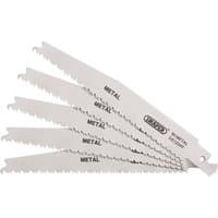 Pack of five silver Draper bi-metal reciprocating saw blades, 150mm, 8-14tpi, with serrated edges for metal cutting.