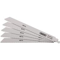 Pack of five silver Draper bi-metal reciprocating saw blades, 225mm length, 14 teeth per inch, designed for metal cutting.
