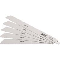 Pack of 5 silver Draper bi-metal reciprocating saw blades, 225mm, 18tpi, labeled for metal cutting.