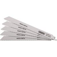 Pack of five silver Draper bi-metal reciprocating saw blades, 225mm, 10tpi, labeled for wood and metal cutting.