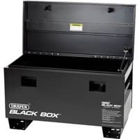 Black steel contractor's storage box with hinged lid, side handles, and "Draper Black Box" branding on the front.