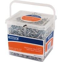 Clear tub of Draper blind rivets, 3.2 x 10.2mm, silver metal, with orange label and white handle, contains 2000 pieces.