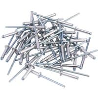 Silver Draper blind rivets, 3.2 x 15.8mm, scattered pile, cylindrical body with a long pin, pack of 50.