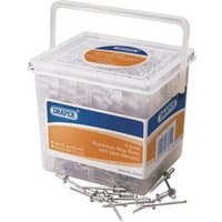 Clear tub of 800 Draper blind rivets, 4.8 x 10.2mm, with silver metallic finish and blue label.