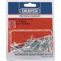 Draper Blind Rivets, 4 x 10mm, 50 pieces, silver aluminum, packaged in clear plastic with blue and red branding.