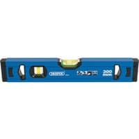 Blue Draper 300mm box section level with three bubble vials and black end caps.