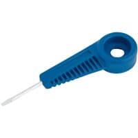 Blue Draper Bradawl with a ribbed handle and a metal pointed tip, featuring a circular hole at the handle's end.