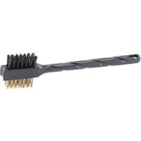 Draper wire brush with black nylon bristles, brass bristles, and a twisted black plastic handle, 175mm length.
