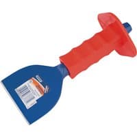 Blue Draper brick bolster with red hand guard, 225 x 100mm, featuring a wide blade and ergonomic grip.