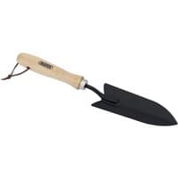 Black carbon steel transplanting trowel with a pointed blade and a smooth hardwood handle featuring a hanging loop.