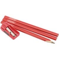 Red Draper carpenter's pencils with sharpener, featuring flat design and branded logo on each pencil.