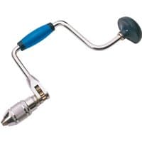 Draper Carpenters Ratchet Brace with blue handle, silver metal frame, and adjustable chuck.