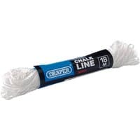 White Draper chalk line, 18m, coiled with blue and black label featuring brand name and product details.