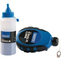 Blue and black Draper 30m chalk line reel with attached metal hook, alongside a blue-capped chalk refill bottle.