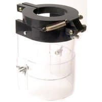 Black and clear plastic Draper Chuck Guard, 60mm, with metal hinges and screws for securing onto machinery.