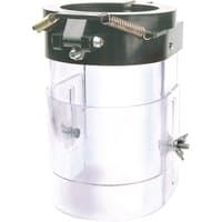 Clear plastic Draper chuck guard with black top, metal springs, and adjustable screws for drill press models.