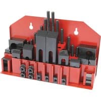 Red and black Draper Clamping Kit with 42 metal pieces, including bolts and clamps, organized on a red holder.