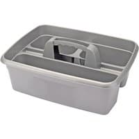 Gray Draper cleaning caddy with central handle and multiple compartments for organizing tools and supplies.