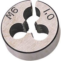 Coarse circular die, 1" diameter, silver with three holes, marked M6 and 1.0, by Draper.
