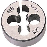 Draper coarse circular die, 1" diameter, silver metal with four-threaded holes, marked M8 and 1.25 Japan.