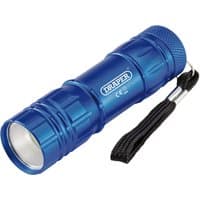 Blue Draper COB LED aluminium hand torch with black wrist strap and textured grip, includes 3 AAA batteries.
