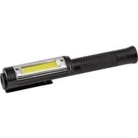 Black Draper COB LED pen torch with textured grip, silver accents, and clip, featuring a bright yellow LED strip.