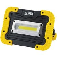 "Draper COB LED worklight, black with yellow edges, rectangular shape, 10W, 700 lumens, with central LED strip"
