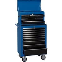 Blue Draper roller cabinet and tool chest, 15 drawers, silver handles, on wheels, with top lid open.