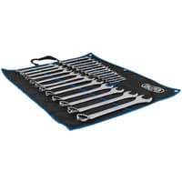 "Draper 25-piece combination spanner set, silver wrenches in a black roll-up pouch with blue trim and handle"