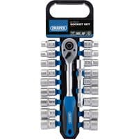 Draper 20-piece socket and ratchet set, 1/2" drive, with blue-handled ratchet and silver sockets in a black holder.