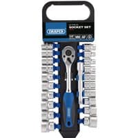 Draper 22-piece socket and ratchet set, 3/8" drive, with blue-handled ratchet and silver sockets in a black holder.