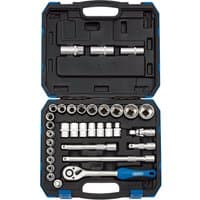 Draper 33-piece socket set with ratchet, extension bars, and sockets in a black and blue plastic carrying case.