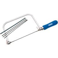 Draper coping saw with blue handle, silver frame, and five replacement blades.