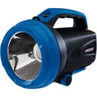 Black and blue Draper Cree LED rechargeable spotlight with a large round lens and ergonomic handle.