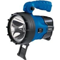Blue Draper Cree LED rechargeable spotlight, 5W, 360 lumens, with black grip handle and foldable stand.