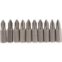 Pack of 10 Draper Cross Slot Insert Bits, 1/4" hex, 25mm long, No.1, silver steel with pointed tips and hexagonal bases.