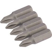 Set of five silver Draper cross slot insert bits, 1/4" hex, 25mm long, No.1 size, arranged in a row.