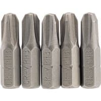 Set of five gray Draper cross slot insert bits, 1/4" hex, 25mm long, No.3, with engraved markings on the sides.