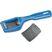 Blue Draper curved blade multi-rasp shaver with perforated metal blade and ergonomic handle, 65mm x 40mm.