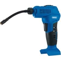 Blue Draper D20 20V air inflator with black hose, ergonomic handle, and vented motor housing, sold without battery.