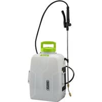 Draper D20 20V backpack sprayer, 12L, white with green handle, black hose, and adjustable spray nozzle.