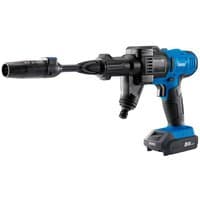 Blue and black Draper D20 20V cordless pressure washer with ergonomic handle and detachable nozzle.
