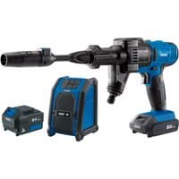 Blue and black Draper D20 20V pressure washer with wireless speaker, two batteries, and fast charger.