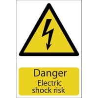 Yellow and black triangular warning sign with lightning bolt symbol, text "Danger Electric shock risk" below.