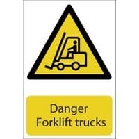 Yellow triangular warning sign with black forklift icon and text "Danger Forklift trucks" below.