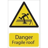 "Draper Danger Fragile Roof sign, yellow triangle with falling figure, black text on yellow background"