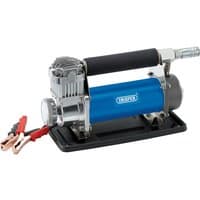 Blue Draper DC Air Compressor with chrome accents, black handle, and attached red and black battery clamps.