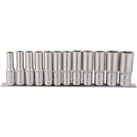 Draper deep socket set, 12 silver sockets on metal rail, 1/2" square drive, varying sizes arranged in a row.